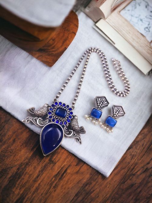 Silver Antique Look Bird Necklace Set with Stone Work For Girls