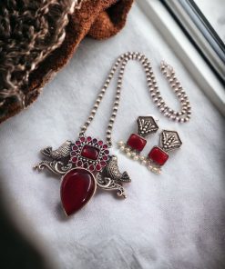 Silver Antique Look Bird Necklace Set with Stone Work For Girls