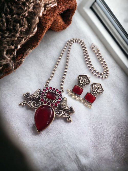 Silver Antique Look Bird Necklace Set with Stone Work For Girls