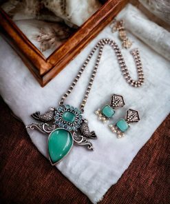 Silver Antique Look Bird Necklace Set with Stone Work For Girls