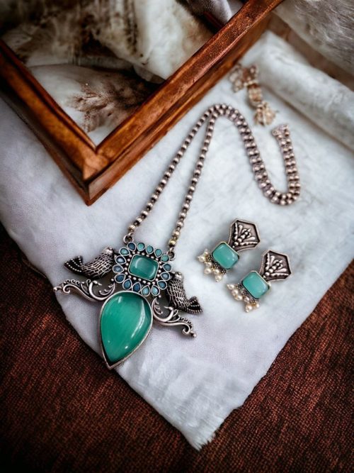 Silver Antique Look Bird Necklace Set with Stone Work For Girls