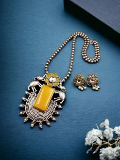 Silver Replica Necklace | Elephant Design Pendant Set | Monalisa Stone Necklaces