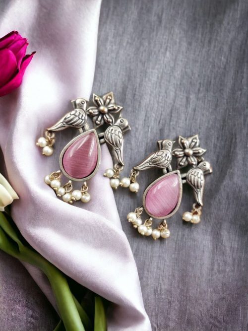 Premium Stone Jewelry | Silver Look Oxidized Bird Inspire Stud Earrings