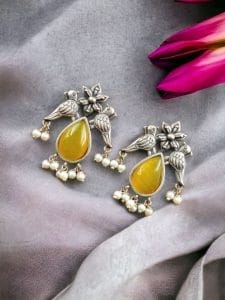Premium Stone Jewelry | Silver Look Oxidized Bird Inspire Affordable Stud Earrings - Color: "Yellow"