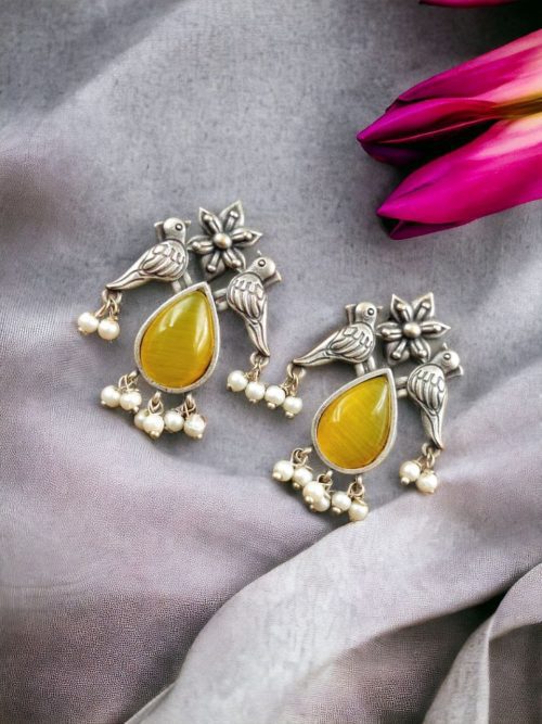 Premium Stone Jewelry | Silver Look Oxidized Bird Inspire Stud Earrings