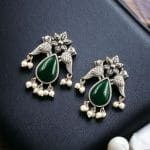 Premium Stone Jewelry | Silver Look Oxidized Bird Inspire Affordable Stud Earrings - "Green"