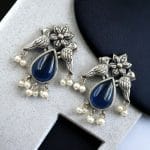 Premium Stone Jewelry | Silver Look Oxidized Bird Inspire Affordable Stud Earrings - "Blue"