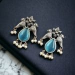 Premium Stone Jewelry | Silver Look Oxidized Bird Inspire Affordable Stud Earrings - "Aqua"