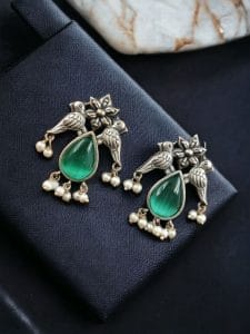 Premium Stone Jewelry | Silver Look Oxidized Bird Inspire Affordable Stud Earrings - Color: "Mint"