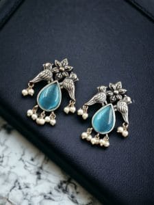 Premium Stone Jewelry | Silver Look Oxidized Bird Inspire Affordable Stud Earrings - Color: "Aqua"