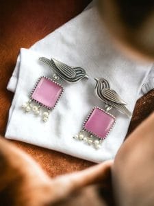 Stylish Bird Earrings | Best High-Quality Stone With Antique Finish Oxidized Dangler Studs - Color: "Babypink"