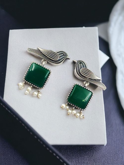 Stylish Bird Earrings | High-Quality Stone With Antique Finish Qxidized Dangler Studs