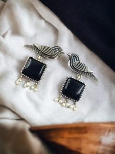 Stylish Bird Earrings | Best High-Quality Stone With Antique Finish Oxidized Dangler Studs - Color: "Black"