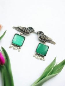 Stylish Bird Earrings | Best High-Quality Stone With Antique Finish Oxidized Dangler Studs - Color: "Mint"