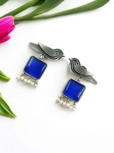 Stylish Bird Earrings | Best High-Quality Stone With Antique Finish Oxidized Dangler Studs - Color: "Blue"