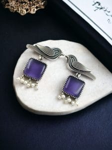 Stylish Bird Earrings | Best High-Quality Stone With Antique Finish Oxidized Dangler Studs - Color: "Amethyst"