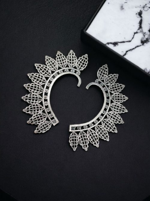 Stylish Oxidized Earcuff | Silver Replica Leaf Earrings Without Piercing