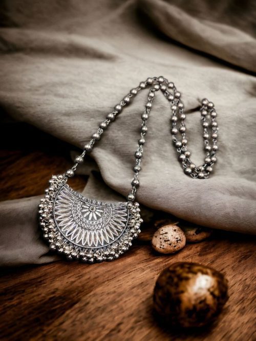 Best German Silver Necklace | Half Round Stylish Oxidised Pendant Jewelry