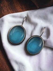 Oxidised Silver Look Like Stone Earrings - Best Quality Stone Studs For Girls - Color: "Aqua"