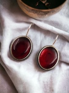 Oxidised Silver Look Like Stone Earrings - Best Quality Stone Studs For Girls - Color: "Red"