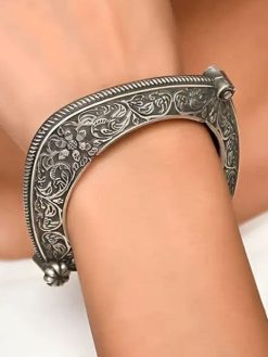Floral Art Oxidized Bangle | Best Silver Replica Openable Kada For Girls