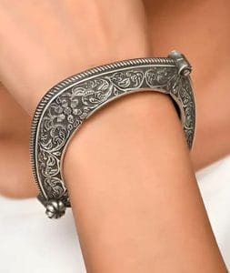 Floral Art Oxidized Bangle | Best Silver Replica Openable Kada For Girls