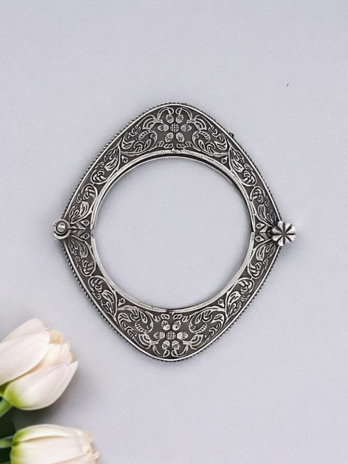 Floral Art Oxidized Bangle | Best Silver Replica Openable Kada For Girls