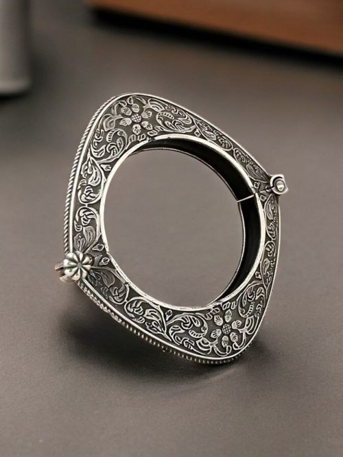 Floral Art Oxidized Bangle | Best Silver Replica Openable Kada For Girls