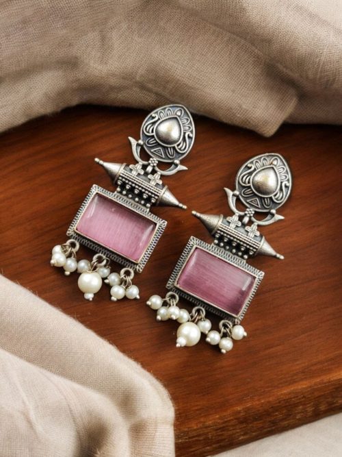 Silver Look Earrings | Trendy Oxidized Antique Stone Jewelry