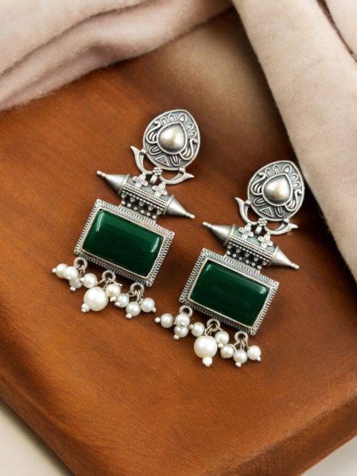 Silver Look Earrings | Trendy Oxidized Antique Stone Jewelry