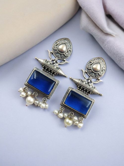 Silver Look Earrings | Trendy Oxidized Antique Stone Jewelry
