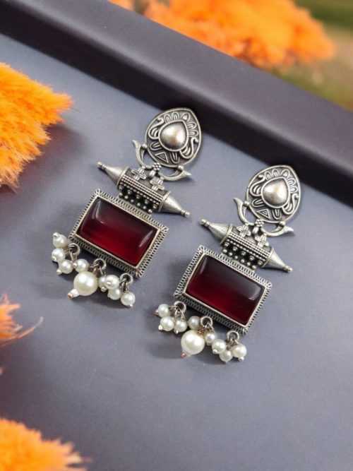 Silver Look Earrings | Trendy Oxidized Antique Stone Jewelry