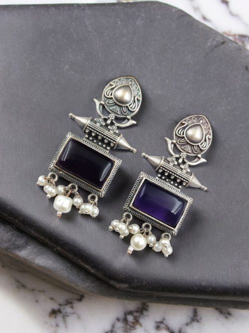 Silver Look Earrings | Trendy Oxidized Antique Stone Jewelry