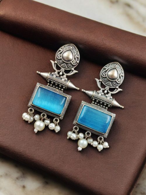 Silver Look Earrings | Trendy Oxidized Antique Stone Jewelry