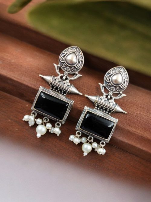 Silver Look Earrings | Trendy Oxidized Antique Stone Jewelry