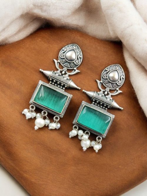 Silver Look Earrings | Trendy Oxidized Antique Stone Jewelry