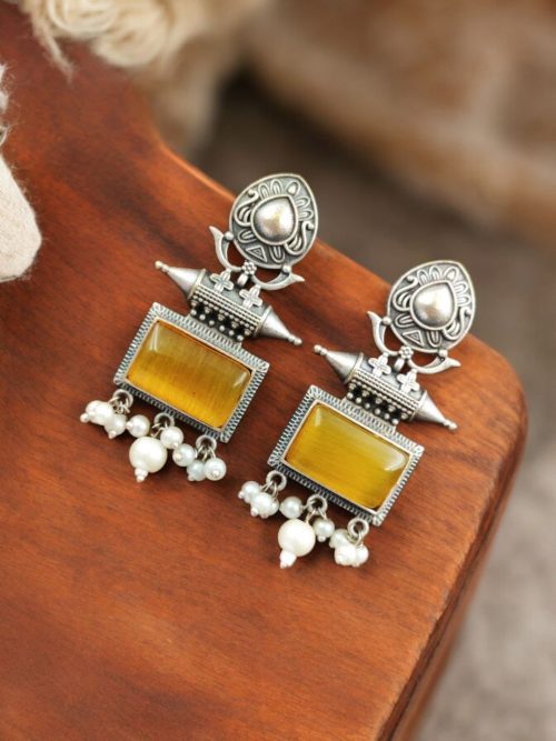 Silver Look Earrings | Trendy Oxidized Antique Stone Jewelry