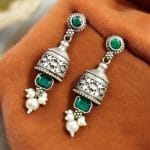 Silver Replica Dangler Earrings - Trendy Light Weight Jewelry - "Green"