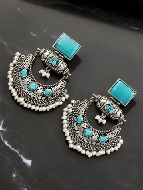 Silver Replica Chandbali Earrings - Square Stone Stud Dangler Earring