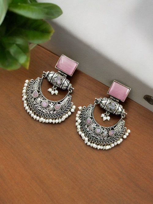Silver Replica Chandbali Earrings - Square Stone Stud Dangler Earring