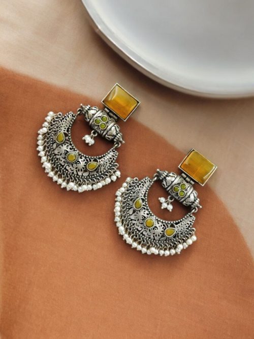 Silver Replica Chandbali Earrings - Square Stone Stud Dangler Earring