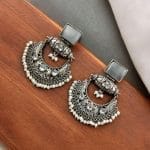 Silver Replica Chandbali Earrings - Unique Square Stone Stud Dangler Earring - "Grey"