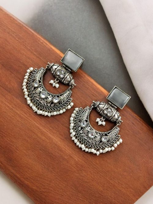 Silver Replica Chandbali Earrings - Square Stone Stud Dangler Earring