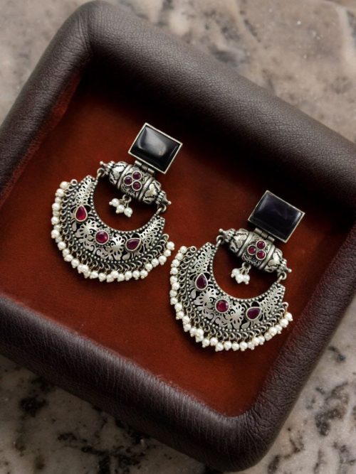 Silver Replica Chandbali Earrings - Square Stone Stud Dangler Earring