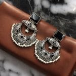 Silver Replica Chandbali Earrings - Unique Square Stone Stud Dangler Earring - "Black"