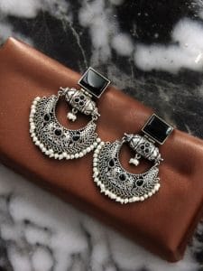 Silver Replica Chandbali Earrings - Unique Square Stone Stud Dangler Earring - Color: "Black"