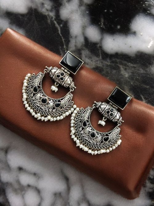 Silver Replica Chandbali Earrings - Square Stone Stud Dangler Earring