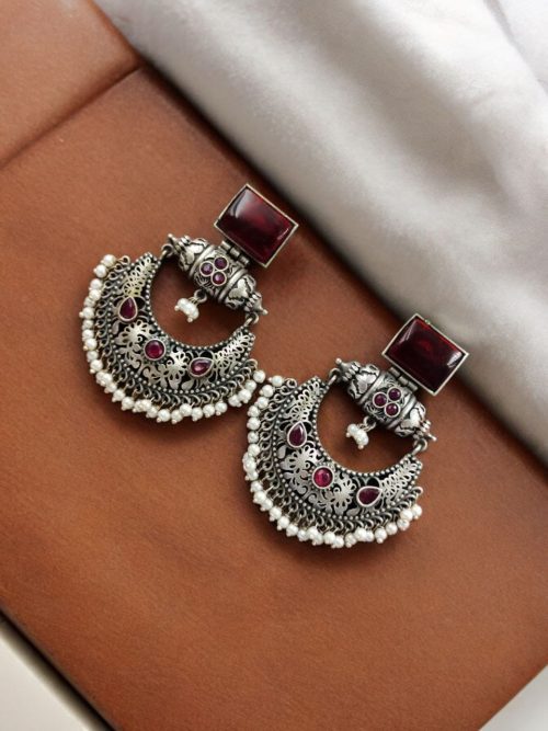 Silver Replica Chandbali Earrings - Square Stone Stud Dangler Earring