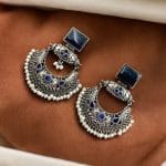 Silver Replica Chandbali Earrings - Unique Square Stone Stud Dangler Earring - "Blue"