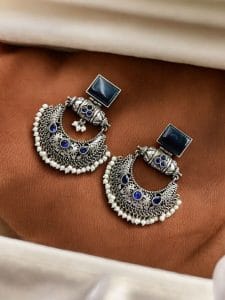 Silver Replica Chandbali Earrings - Unique Square Stone Stud Dangler Earring - Color: "Blue"